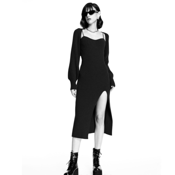 Cider Black Knit Solid Cami Split Midi Sweater Dress & Crop Top 2-Piece Set - Picture 2 of 10